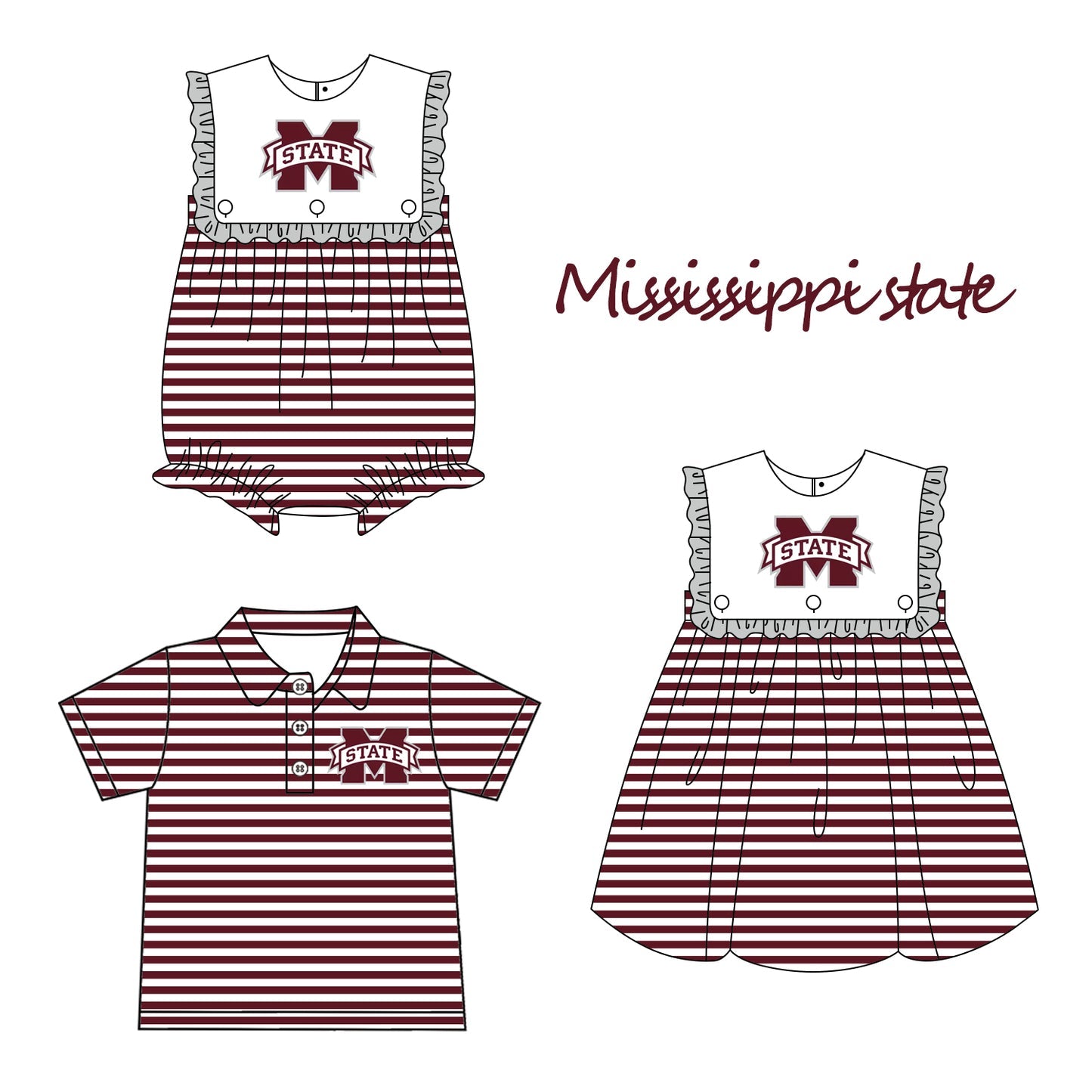 (Custom Design Preorder MOQ 5 Each Design) Team's Mississippi State Print Kids Summer Matching Clothes Sibling Wear