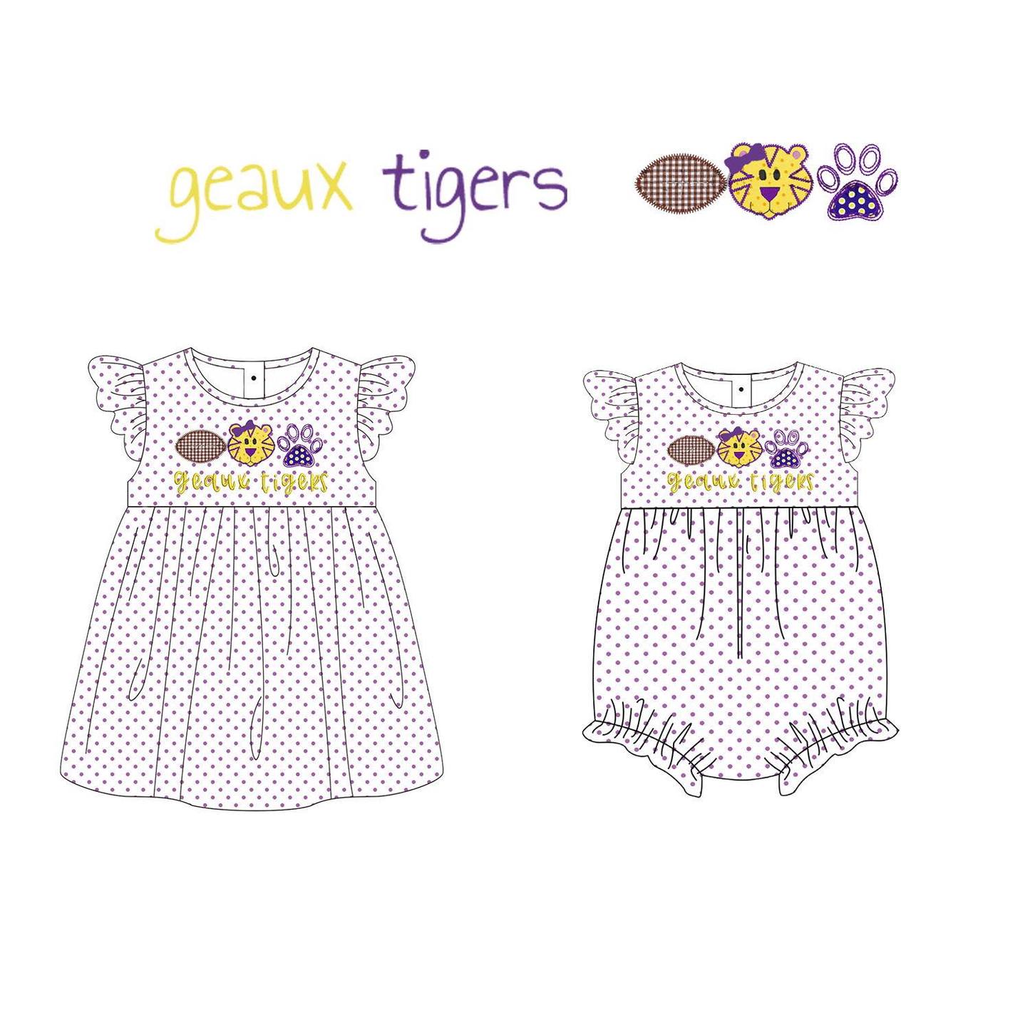 (Custom Design Preorder MOQ 5 Each Design) Team's GEAUX TIGERS Print Girls Summer Matching Clothes Sisters Wear