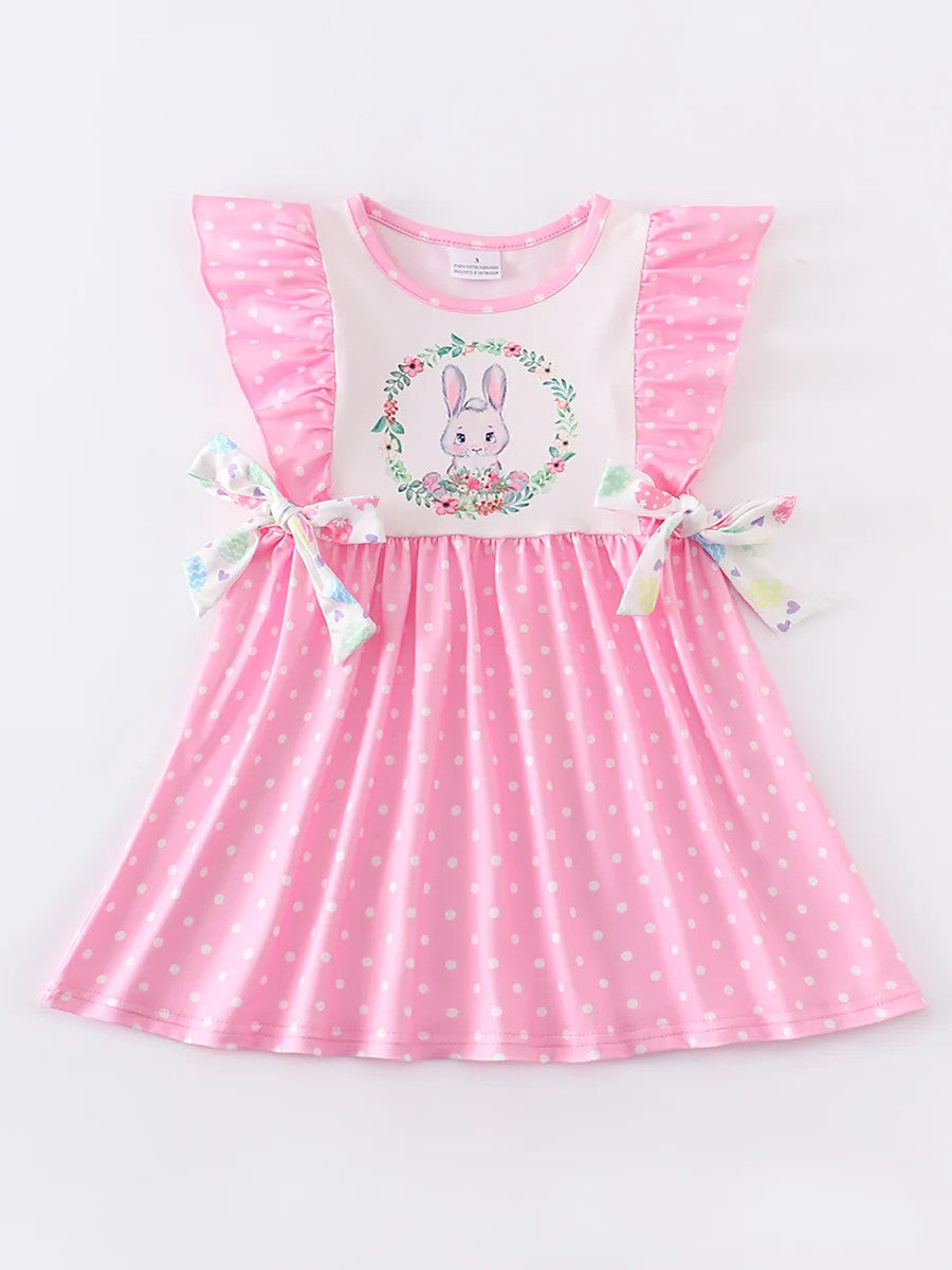 (Custom Design Preorder MOQ 5) Bunny Flowers Pink Dots Print Girls Easter Knee Length Dress