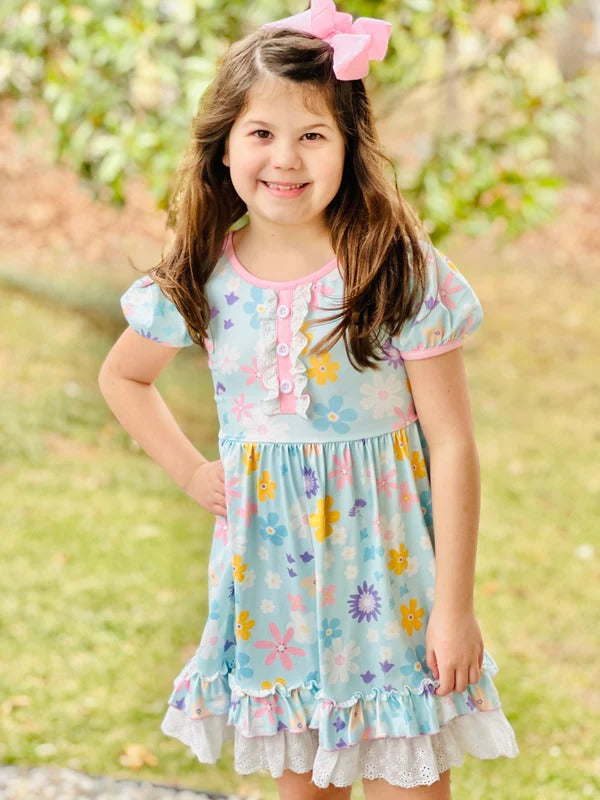 (Custom Design Preorder MOQ 5) Colorful Flowers Print Girls Summer Knee Length Dress