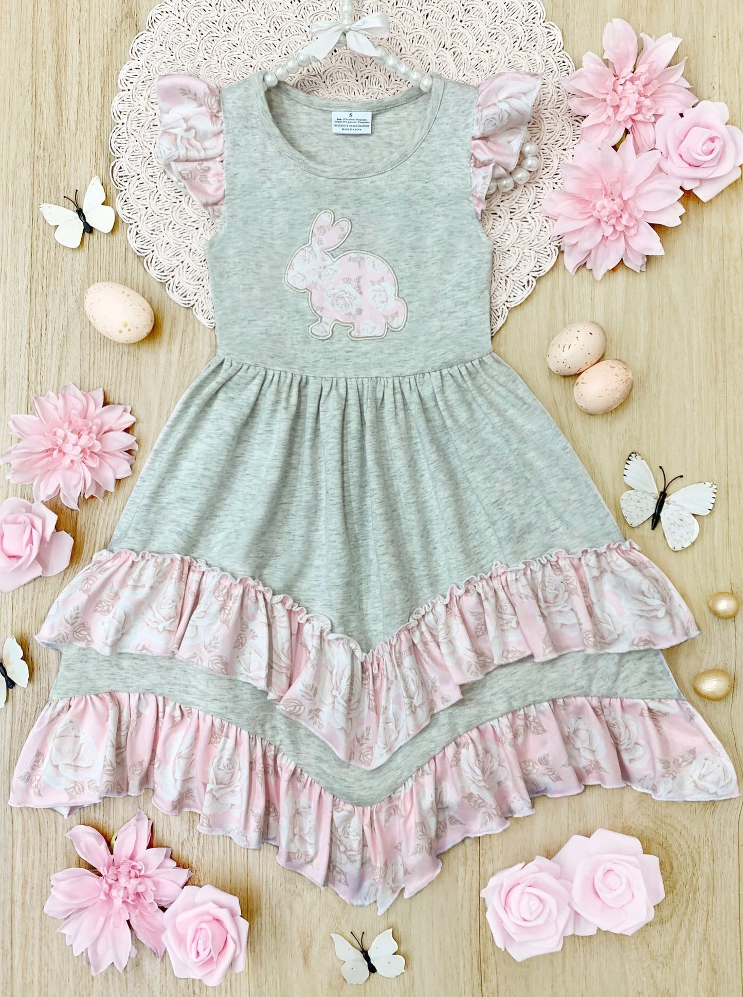(Custom Design Preorder MOQ 5) Bunny Flowers Grey Print Girls Easter Ankle Length Dress