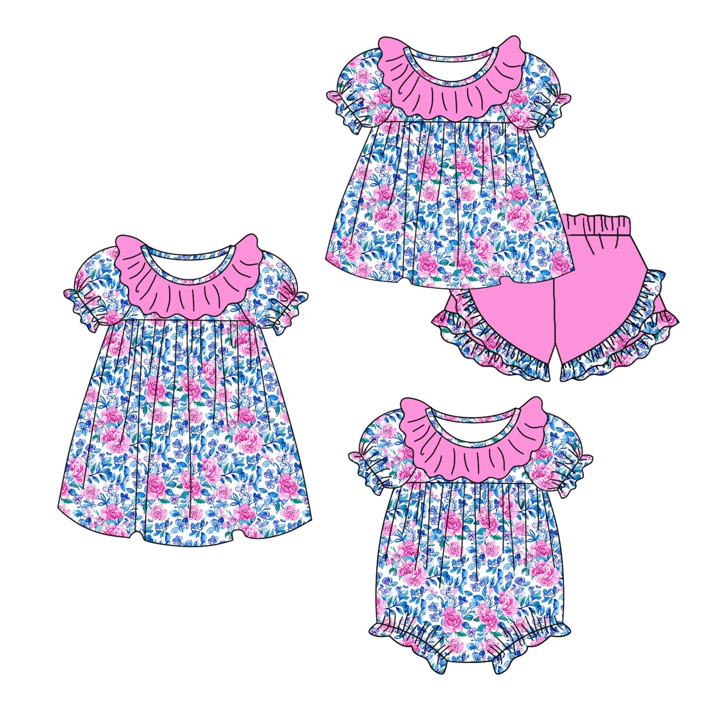 11.4(Custom Design Preorder MOQ 5 Each Design) Pink Flowers Print Girls Summer Matching Clothes Set Sisters Wear