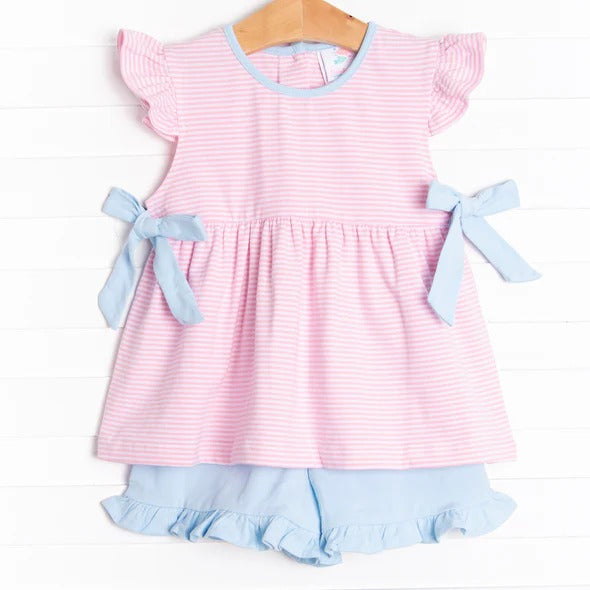 (Custom Design Preorder MOQ 5) Pink Stripes Tunic Top Blue Shorts Girls Summer Clothes Set