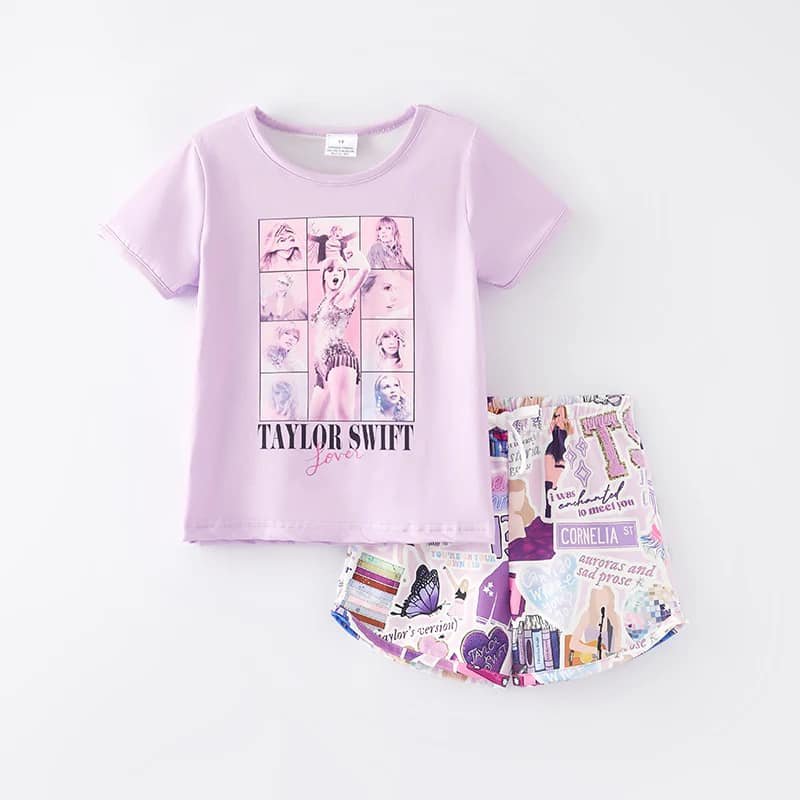 (Custom Design Preorder MOQ 5) Singer Swiftie Print Girls Summer Clothes Set