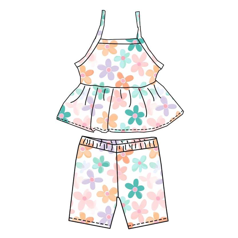 (Custom Design Preorder MOQ 5) Colorful Flowers Print Girls Summer Clothes Set