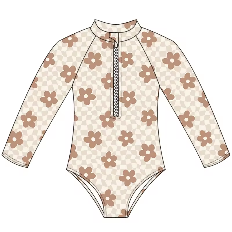 (Custom Design Preorder MOQ 5) Brown Flowers Print Girls 1 Piece Long Sleeve Zipper Swimsuits