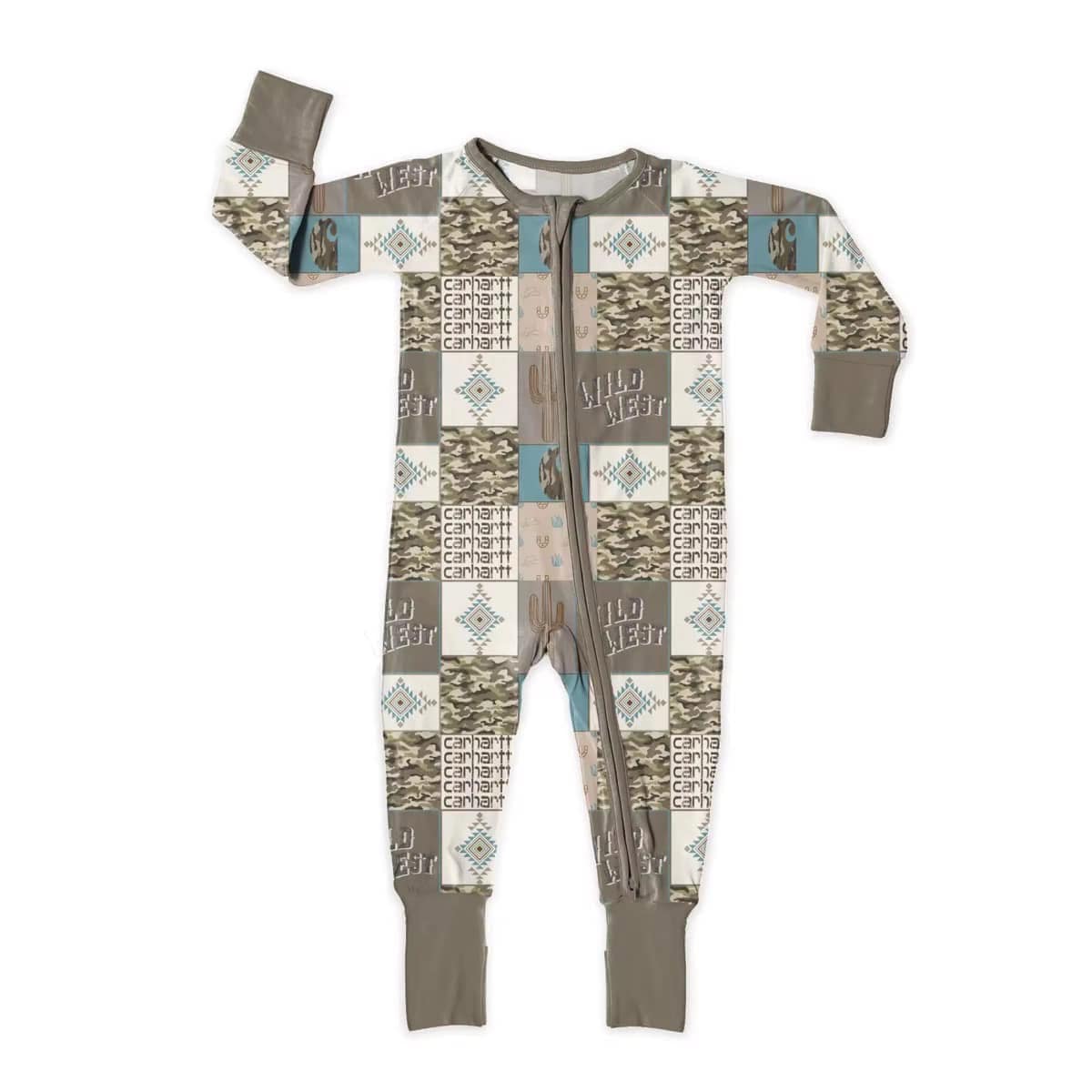 (Custom Design Preorder MOQ 5) WILD WEST Camo Aztec Print Baby Sleeper Zipper Romper