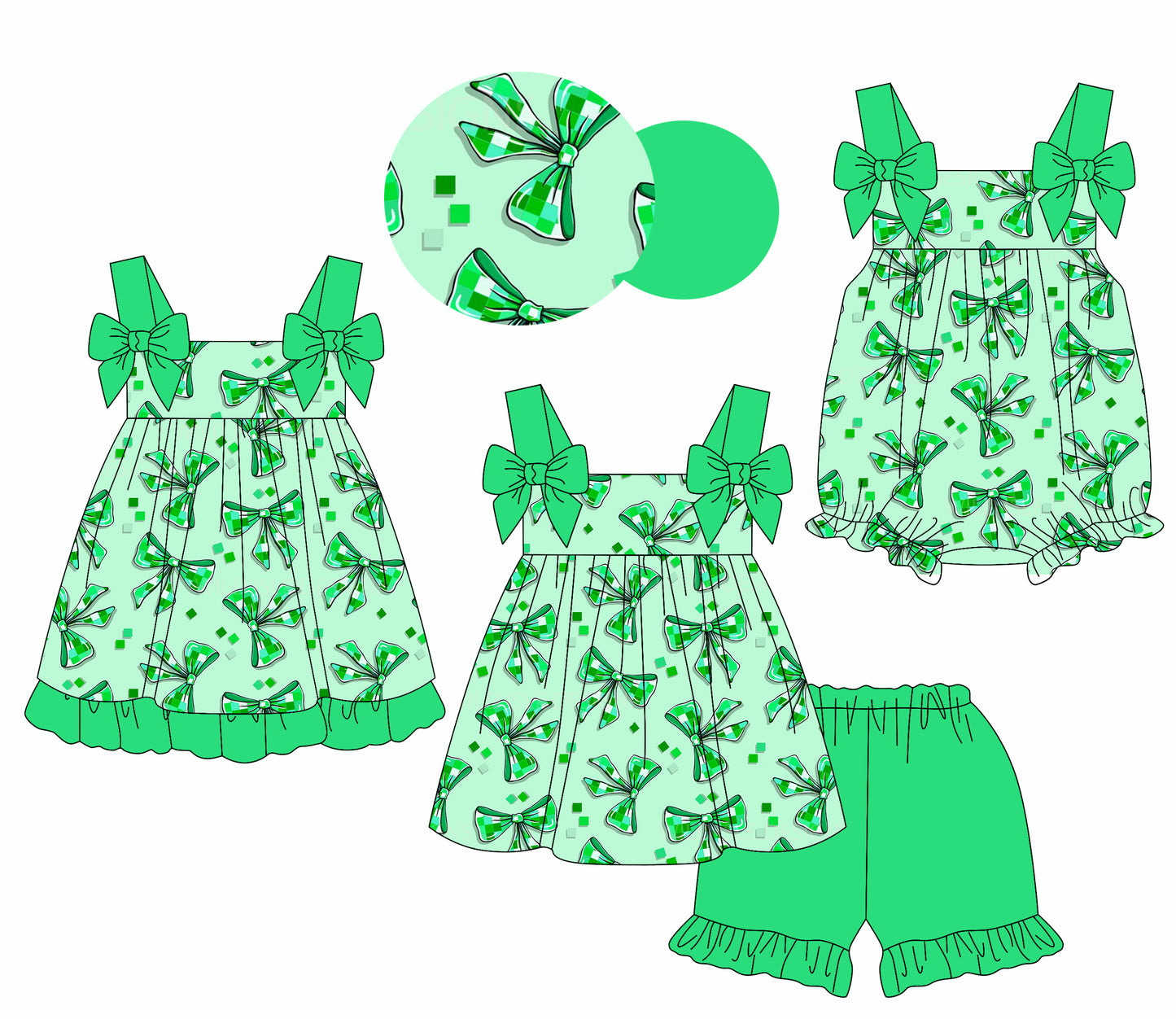 2.19(Custom Design Preorder MOQ 5 Each Design) Cartoon Games Roblo* Green Bows Print Girls Summer Matching Clothes Sisters Wear