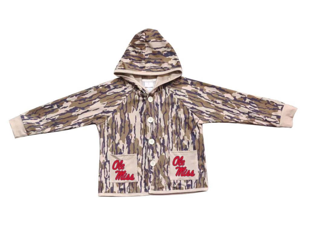 (Custom Design Preorder MOQ 5 Each Item) Team's Ole Miss Camo Print Pockets Buttons Kids Fall Hoodie Jackets Top Mom and Me Matching Clothes