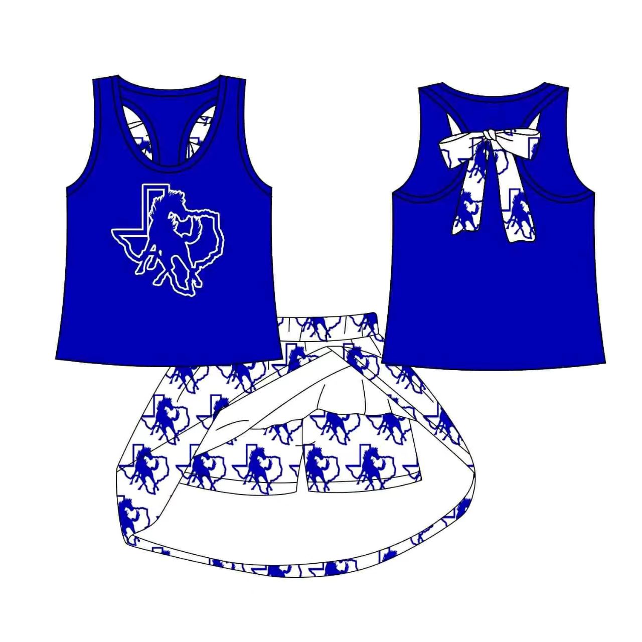 (Custom Design Preorder MOQ 5) Team's Horse Blue Top Skirts Shorts Girls Summer Clothes Set