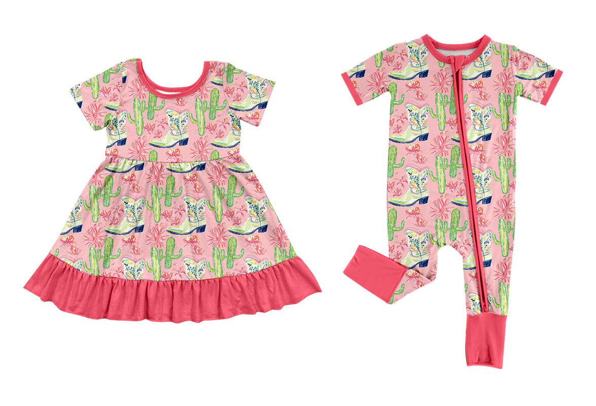 11.13(Custom Design Preorder MOQ 5 Each Design) Boots Flowers Cactus Print Girls Summer Western Matching Clothes Sisters Wear