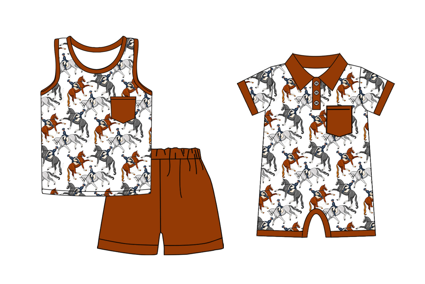 12.14(Custom Design Preorder MOQ 5 Each Design) Horse Riding Print Boys Summer Matching Clothes Brothers Wear