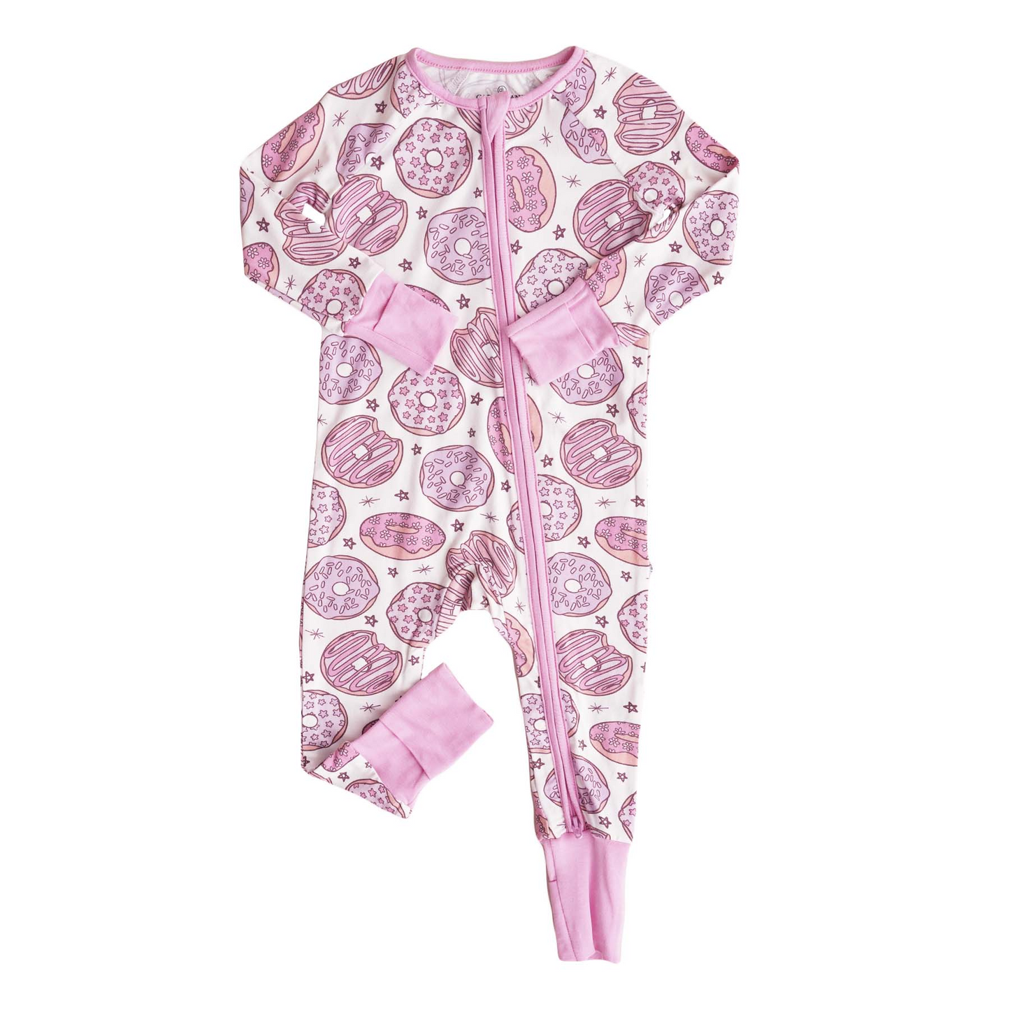 (Custom Design Preorder MOQ 20) Pink Donut Print Baby Girls Bamboo Fall Sleeper Zipper Romper