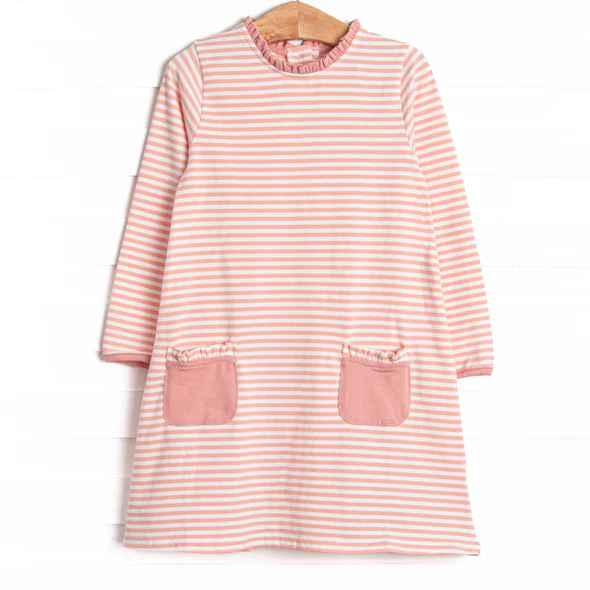 (Custom Design Preorder MOQ 5) Pink Stripes Print Pockets Girls Knee Length Dress