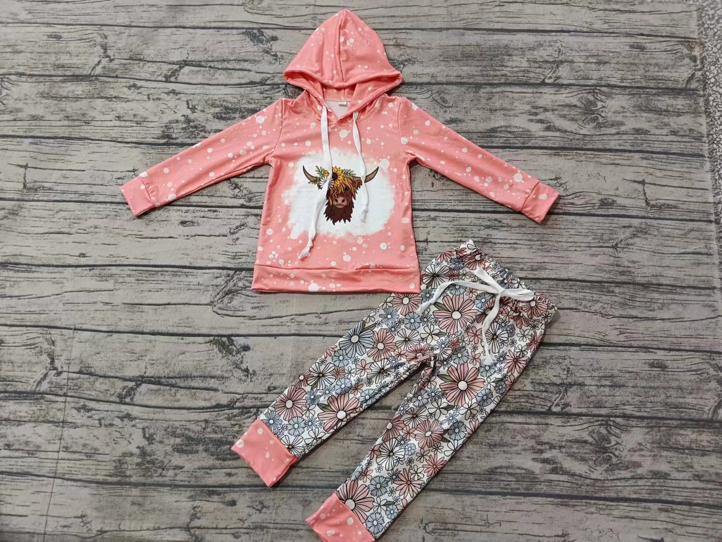 (Custom Design Preorder MOQ 5) Highland Cow Hoodie Top Flowers Pants Girls Fall Clothes Set