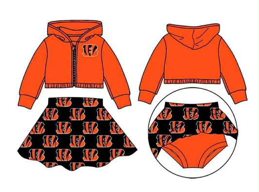(Custom Design Preorder MOQ 5) Team's B Tiger Orange Jacket Zipper Hoodie Top Shorts Skirts Girls Clothes Set