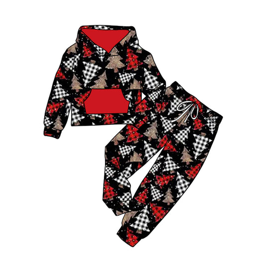 (Custom Design Preorder MOQ 5) Tree Black Print Girls Christmas Hoodie Clothes Set