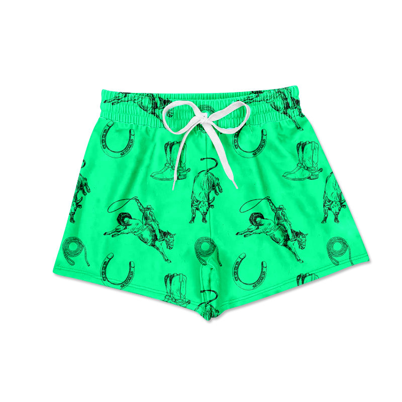 (Custom Design Preorder MOQ 5) Green Rodeo Cow Print Boys Western Swim Trunks
