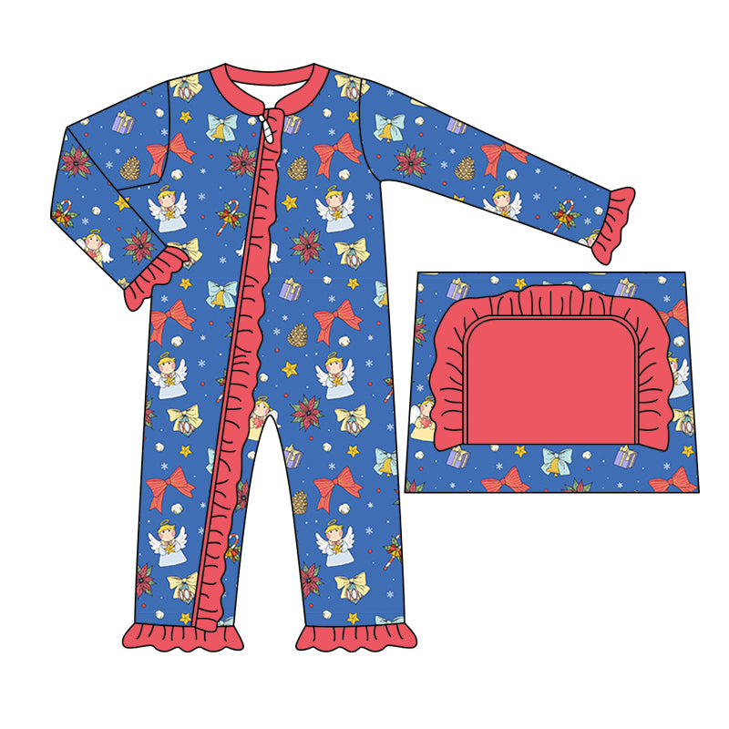 (Custom Design Preorder MOQ 20) Angel Holly Candy Cane Bows Print Baby Girls Bamboo Christmas Sleeper Zipper Romper