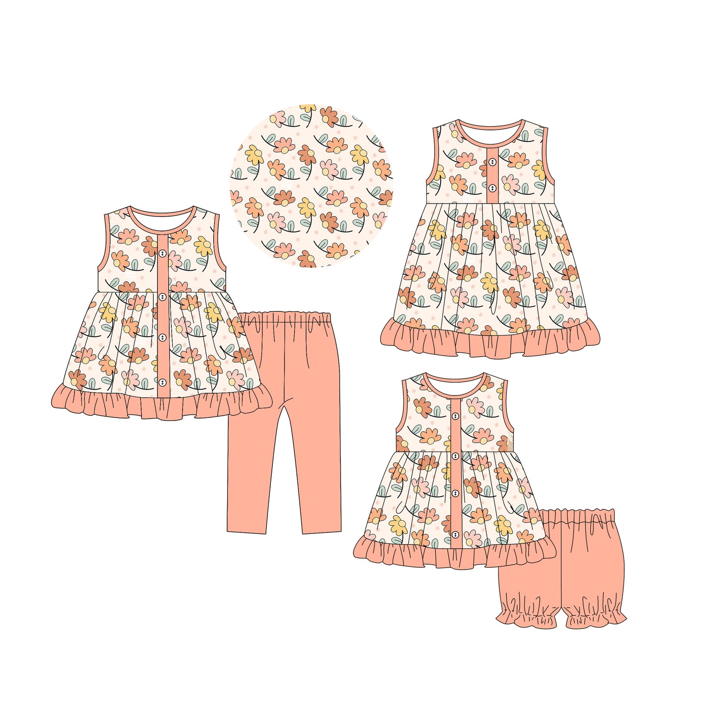 5.5(Custom Design Preorder MOQ 5 Each Design) Pink Flowers Print Girls Matching Clothes Sisters Wear