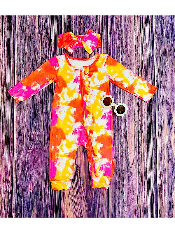 (Custom Design Preorder MOQ 5) Red Yellow Tie-dye Print Baby Girls Fall Sleeper Zipper Romper