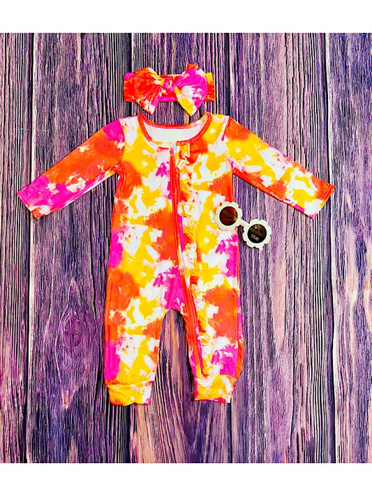 (Custom Design Preorder MOQ 5) Red Yellow Tie-dye Print Baby Girls Fall Sleeper Zipper Romper