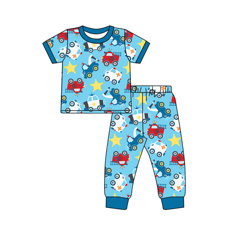 (Custom Design Preorder MOQ 5) Blue Cars Print Boys Pajamas Clothes Set