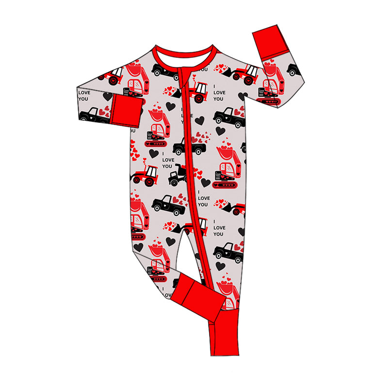 (Custom Design Preorder MOQ 20) Construction Trucks Heart Print Baby Boys Valentine's Day Bamboo Sleeper Zipper Romper