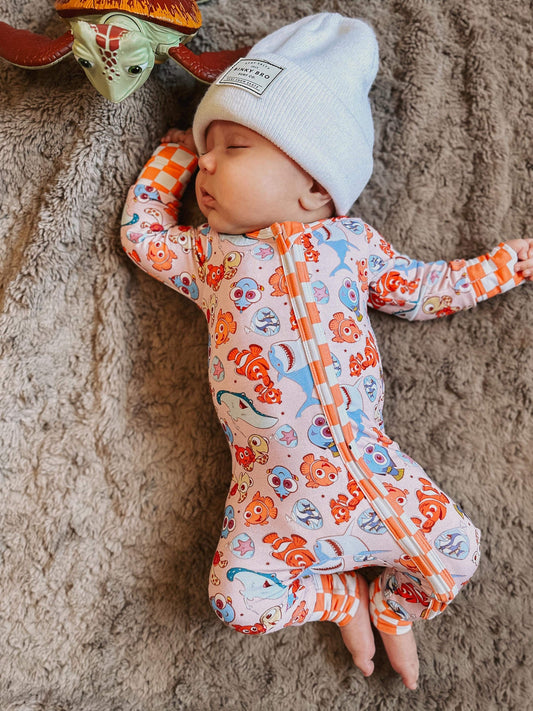 (Custom Design Preorder MOQ 20)  Cartoon Fish Print Baby Bamboo Fall Sleeper Zipper Romper