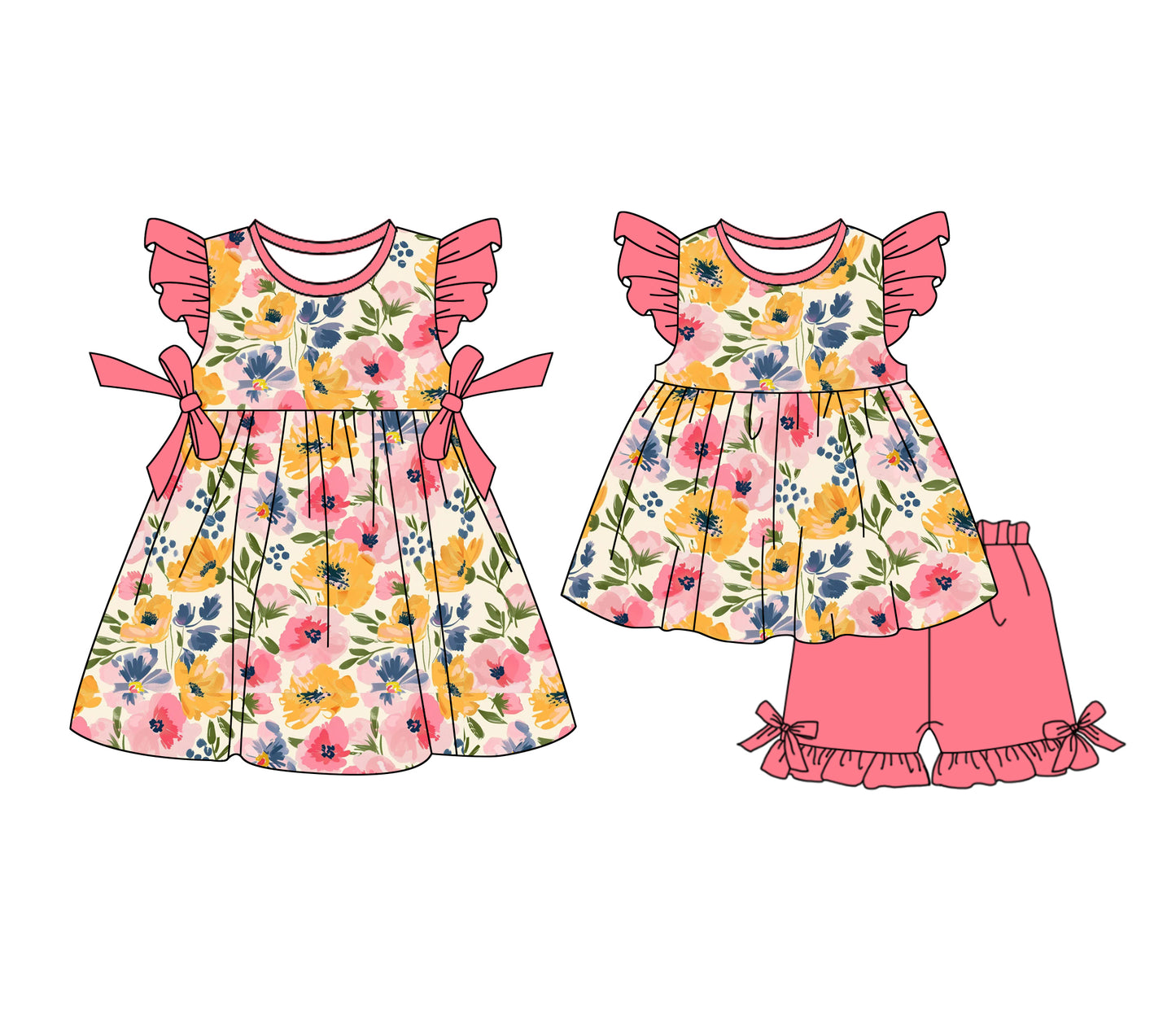 1.4(Custom Design Preorder MOQ 5 Each Design) Pink Flowers Print Girls Summer Matching Clothes Sisters Wear