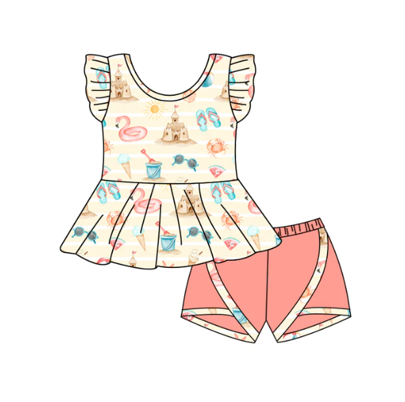 (Custom Design Preorder MOQ 5) Beach Castle Print Girls Summer Clothes Set