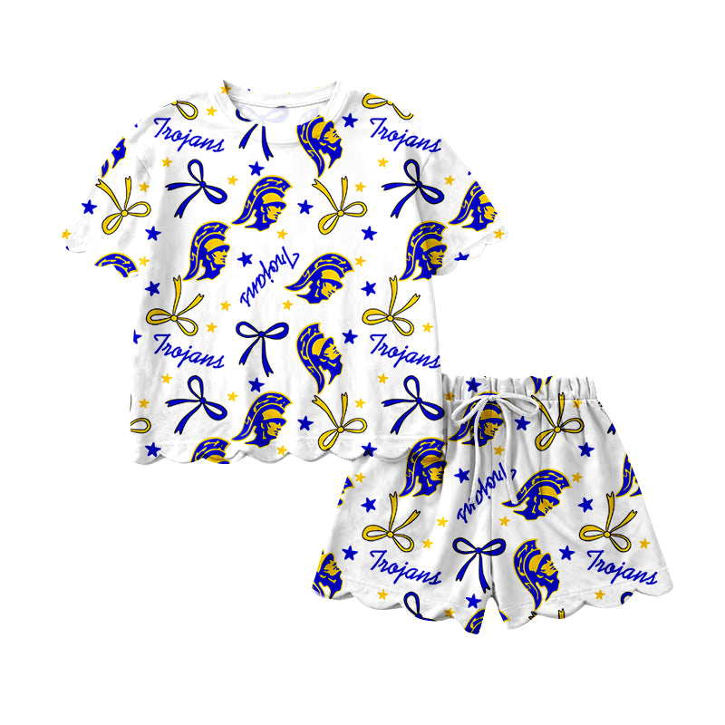 (Custom Design Preorder MOQ 5) Teams Trojans Bows Print Girls Summer Scallop Clothes Set