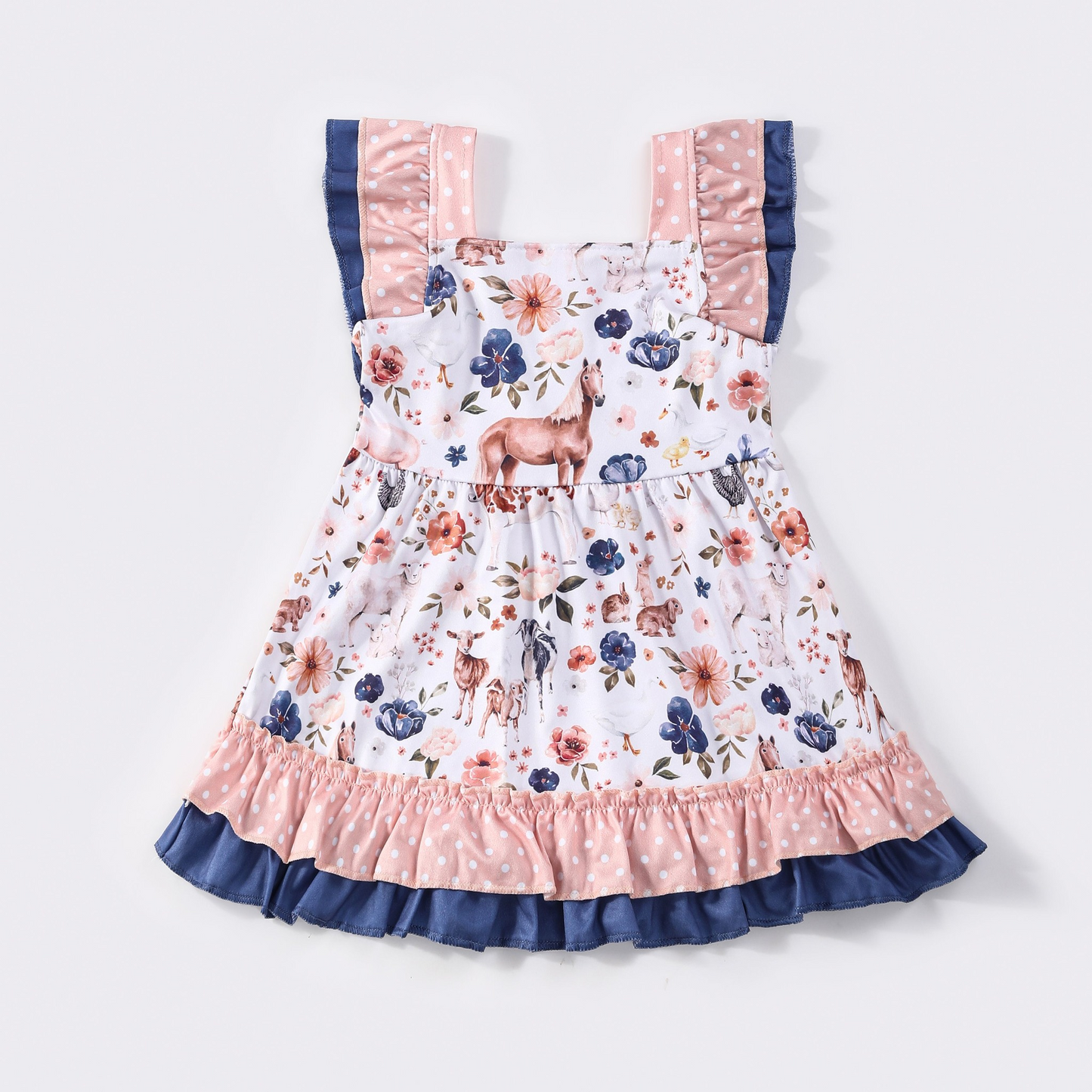 (Custom Design Preorder MOQ 5) Farm Animals Flowers Print Girls Summer Knee Length Dress