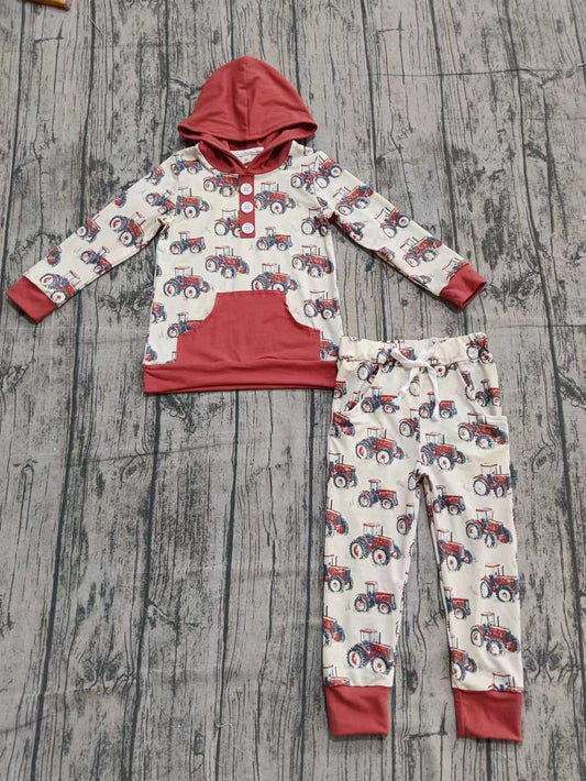 (Custom Design Preorder MOQ 5) Tractors Hoodie Top Packets Pants Boys Fall Clothes Set