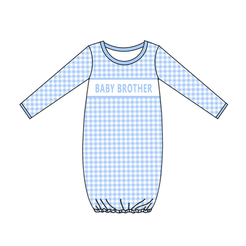 (Custom Design Preorder MOQ 5) Baby Brother Blue Checkered Baby Boys Newborn Gowns