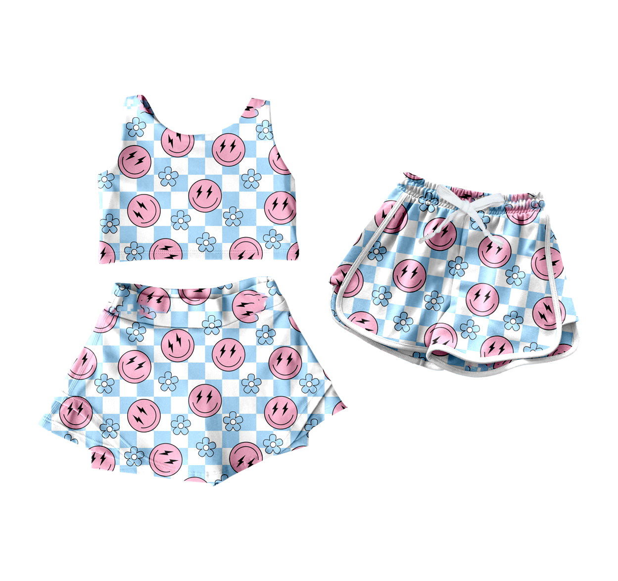 4.12(Custom Design Preorder MOQ 5 Per Item) Smiling Face Flowers Print Girls Summer Yoga Outfits & Shorts