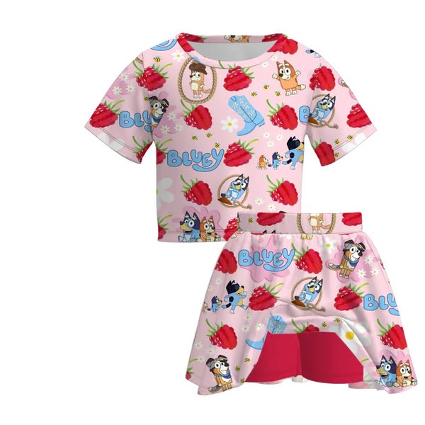 (Custom Design Preorder MOQ 5) Cartoon Dog Berry Top Skirts Shorts Girls Summer Clothes Set
