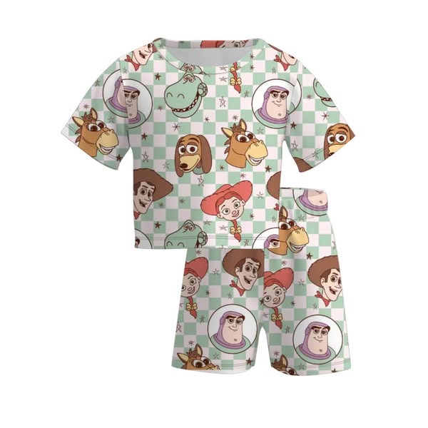 (Custom Design Preorder MOQ 5) Cartoon Toys Plaid Print Shorts Boys Summer Clothes Set