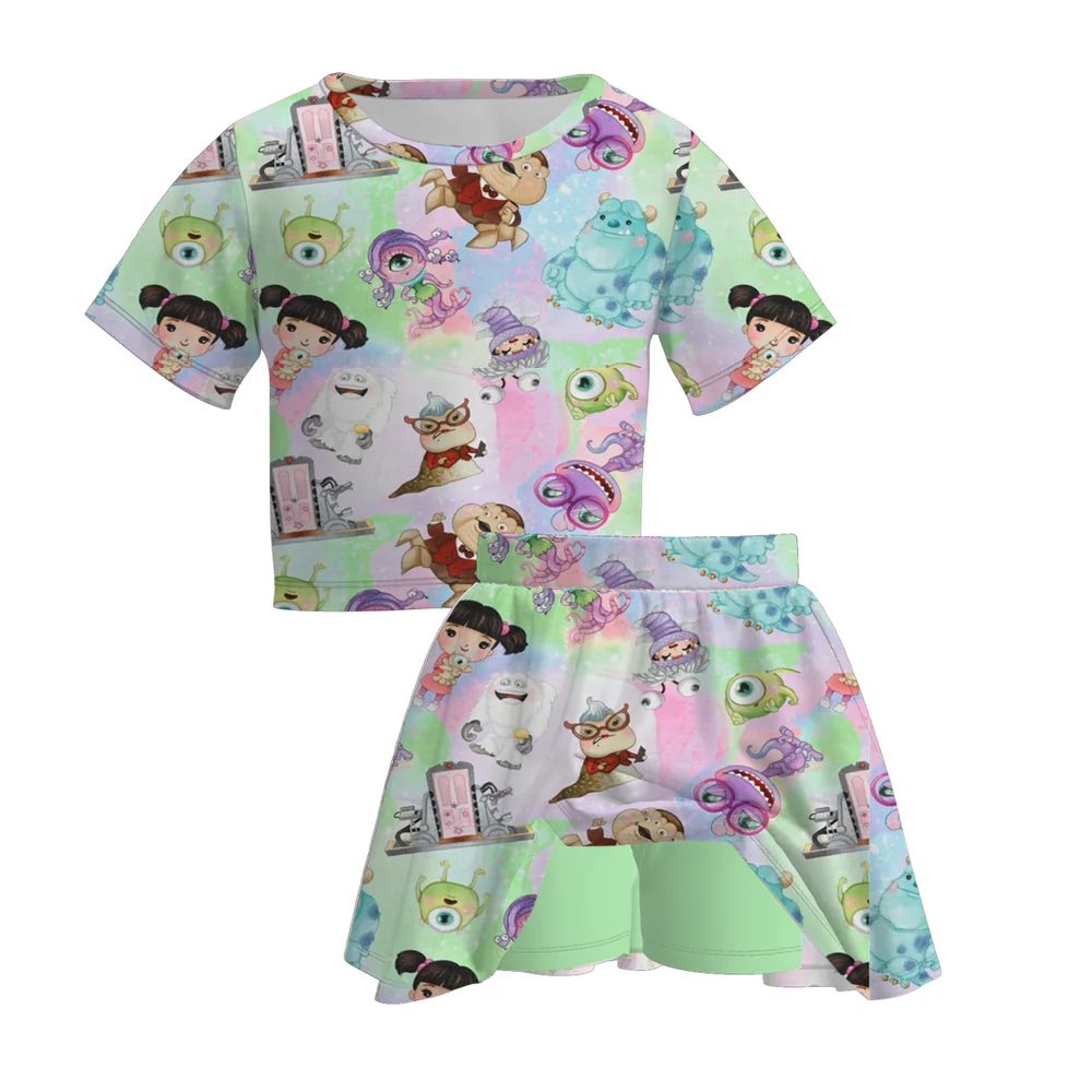 (Custom Design Preorder MOQ 5) Cartoon Monster Top Skirts Shorts Girls Summer Clothes Set