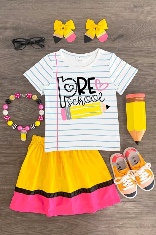 (Custom Design Preorder MOQ 5) Pen Stripes Top Skirts Girls Back to School Clothes Set