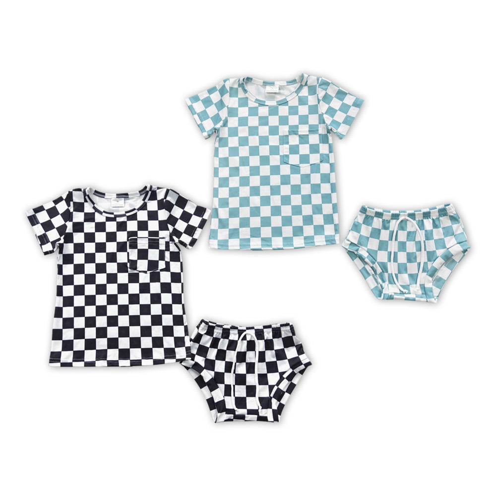2 Colors Plaid Print Pocket Baby Boys Summer Bummie Set Sibling Wear