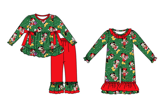 8.1(Custom Design Preorder MOQ 5 Each Design) Cartoon Mouse Print Girls Christmas Matching Clothes Sisters Wear