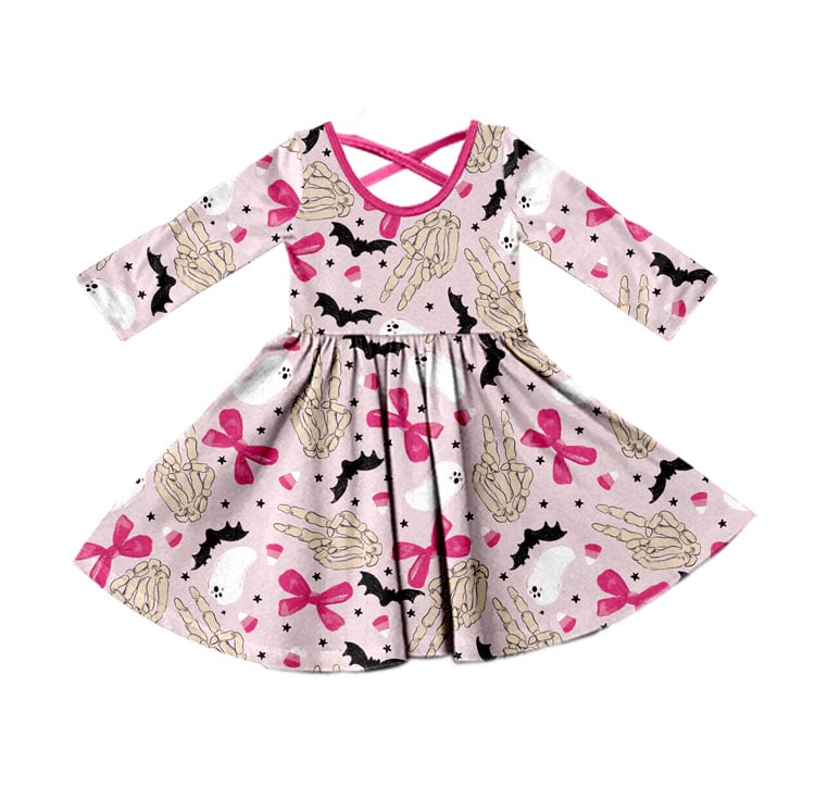 (Custom Design Preorder MOQ 5) Adult Pink Bows Skull Print Woman Knee Length Hlloween Dress