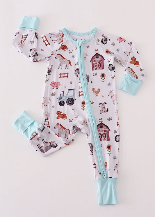 (Custom Design Preorder MOQ 5) Farm Animals Print Baby Girls Fall Sleeper Zipper Romper