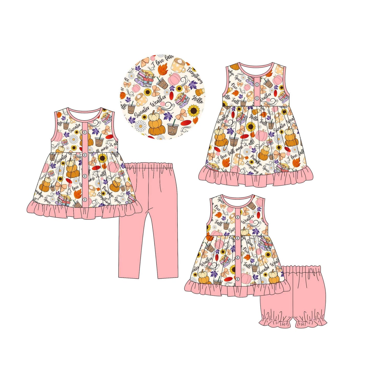 4.30(Custom Design Preorder MOQ 5 Each Design) Pumpkin Flowers Bows Books Print Girls Fall Matching Clothes Sisters Wear