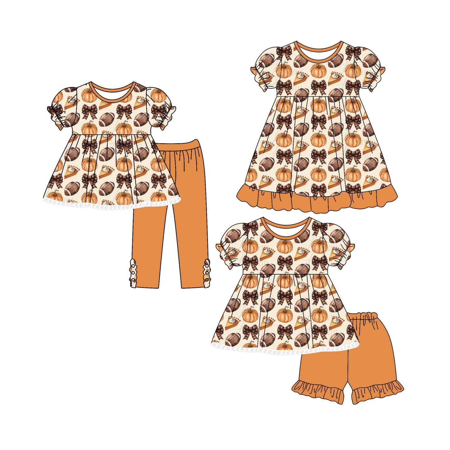 4.30(Custom Design Preorder MOQ 5 Each Design) Pumpkin Football Bows Print Girls Fall Matching Clothes Sisters Wear