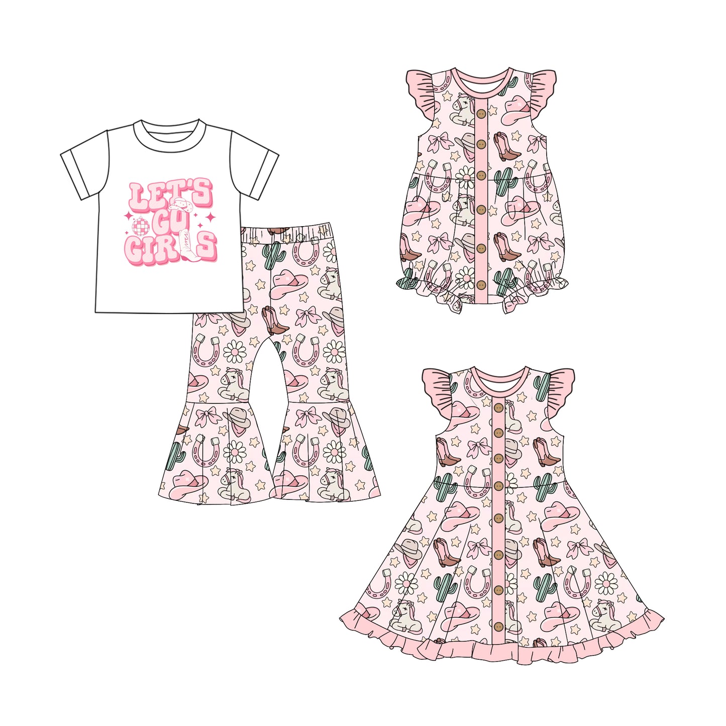 5.1(Custom Design Preorder MOQ 5 Each Design) Hat Boots Cactus Print Girls Western Matching Clothes Sisters Wear