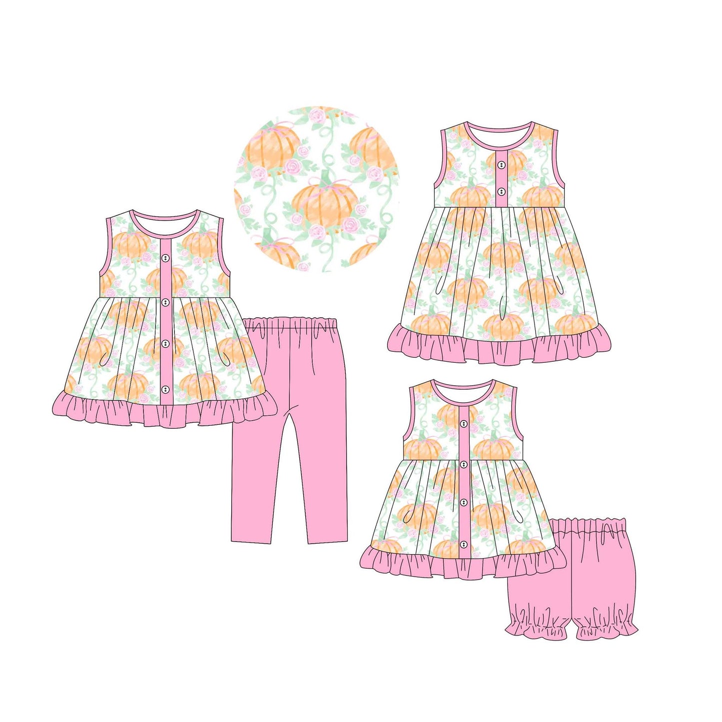 4.30(Custom Design Preorder MOQ 5 Each Design) Pumpkin Flowers Print Girls Matching Clothes Sisters Wear