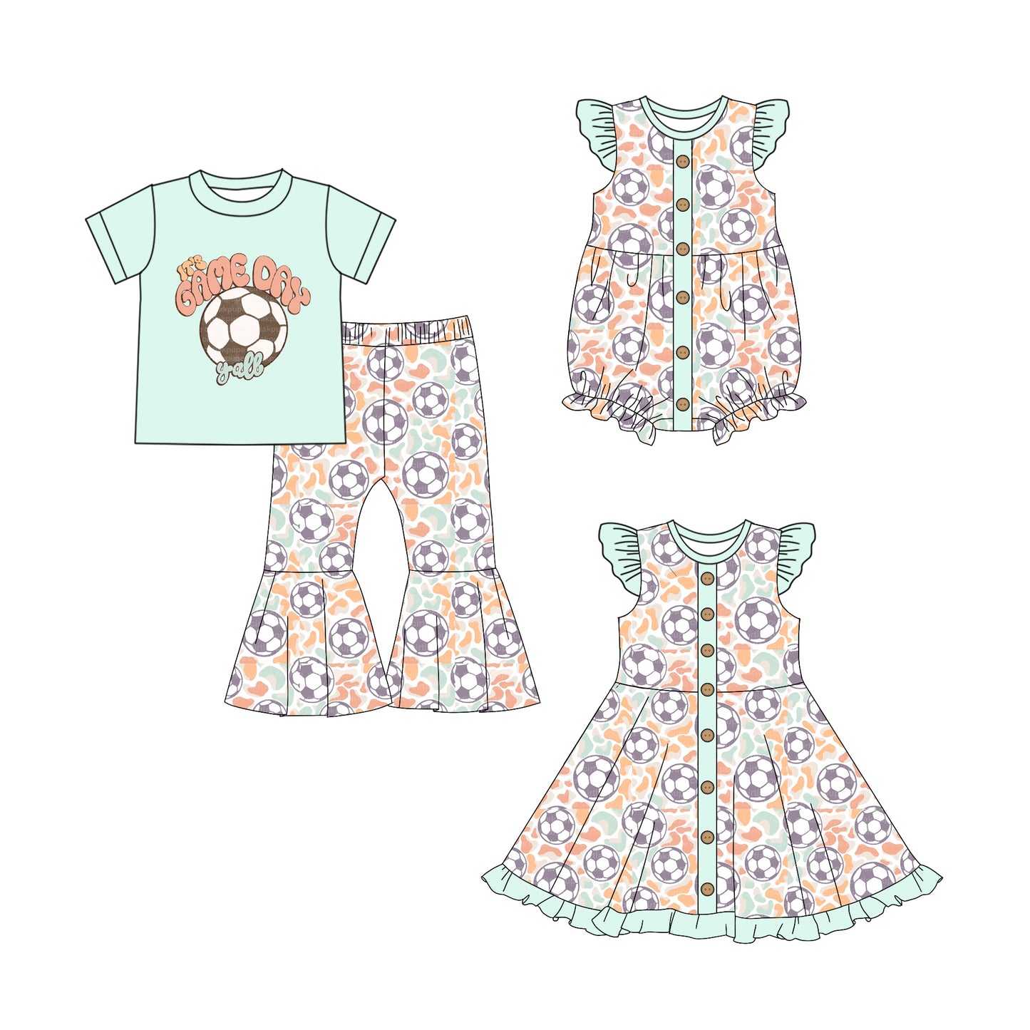 5.1(Custom Design Preorder MOQ 5 Each Design) Game Day Soccer Print Girls Matching Clothes Sisters Wear