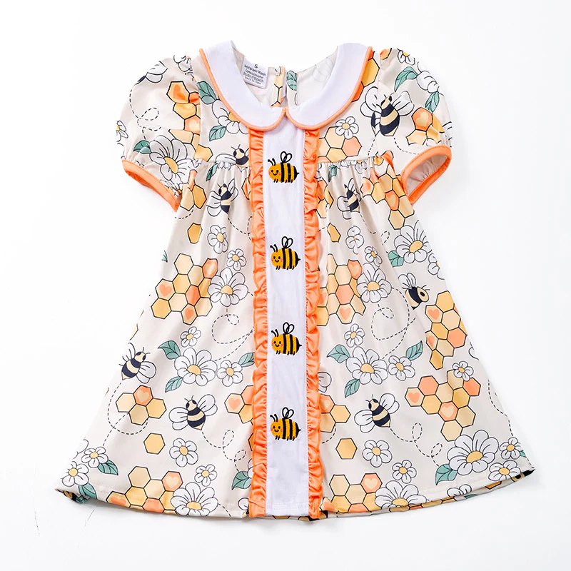 (Custom Design Preorder MOQ 5) Bee Flowers Print Girls Summer Knee Length Dress